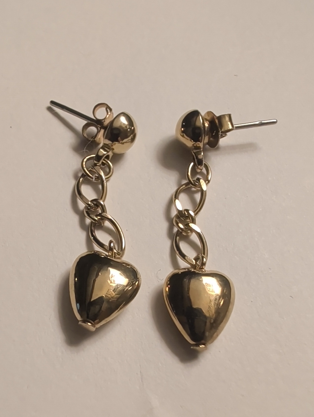 Heart Earrings Goldtone chain puff heart 1.5" dangle drop post Valentine Romance